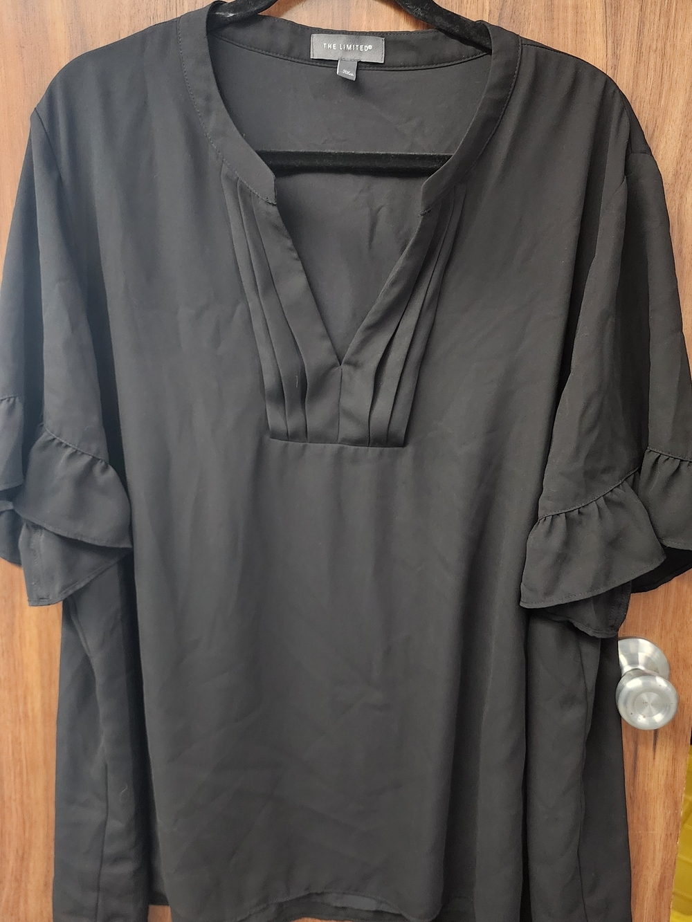 The Limited Black V-Neck Pintuck Ruffle Sleeve Tunic Top